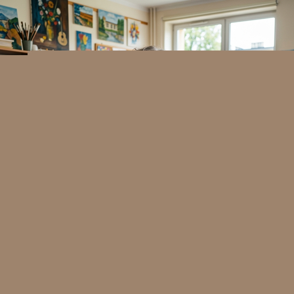 Nauczycielka plastyki w pracowni artystycznej trzymająca pamiątkowy kod QR Spotify