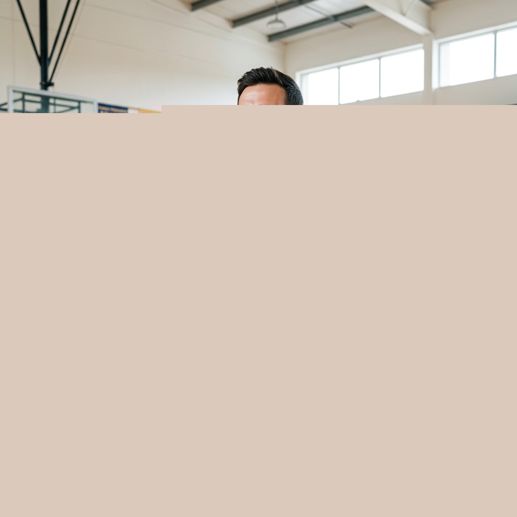 Nauczyciel WF na hali sportowej słuchający pamiątkowego hymnu swojej klasy